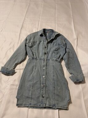 Free People Light Blue Denim Button-Front Dress Jacket
